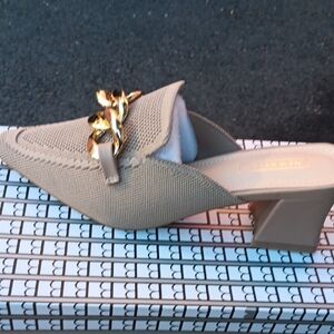 Elegant Beige Heeled Mules with Gold Accent